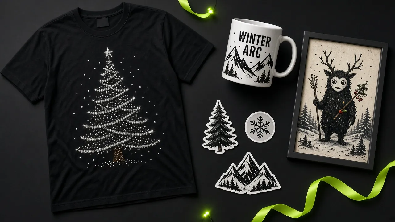 Flat-lay of print-on-demand mockups on black: a black tee with a rhinestone-style Christmas tree, a white Winter Arc mug, mountain and snowflake die-cut stickers, and a framed folk-art winter creature print, with lime ribbon accents