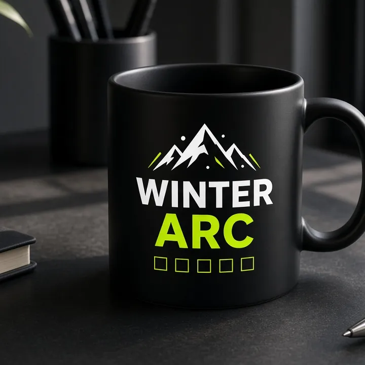 Concept mockup: black mug with a mountain icon, WINTER ARC in white and lime, and a row of habit-tracker checkboxes