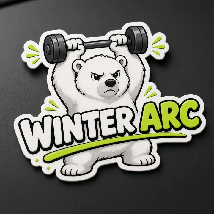 Concept mockup: die-cut sticker of a determined polar bear lifting a dumbbell above WINTER ARC lettering with lime accents