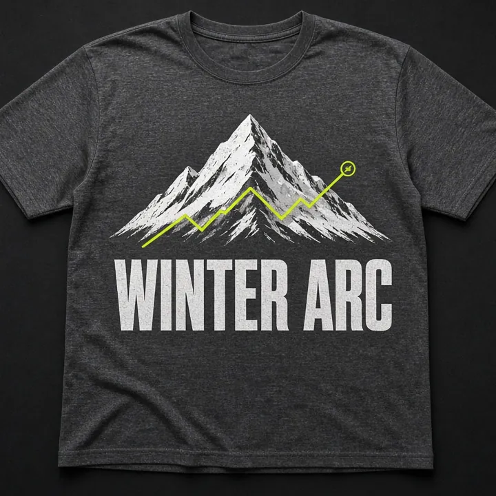 Concept mockup: charcoal t-shirt with a snowy mountain, a lime rising trend line and bold WINTER ARC lettering